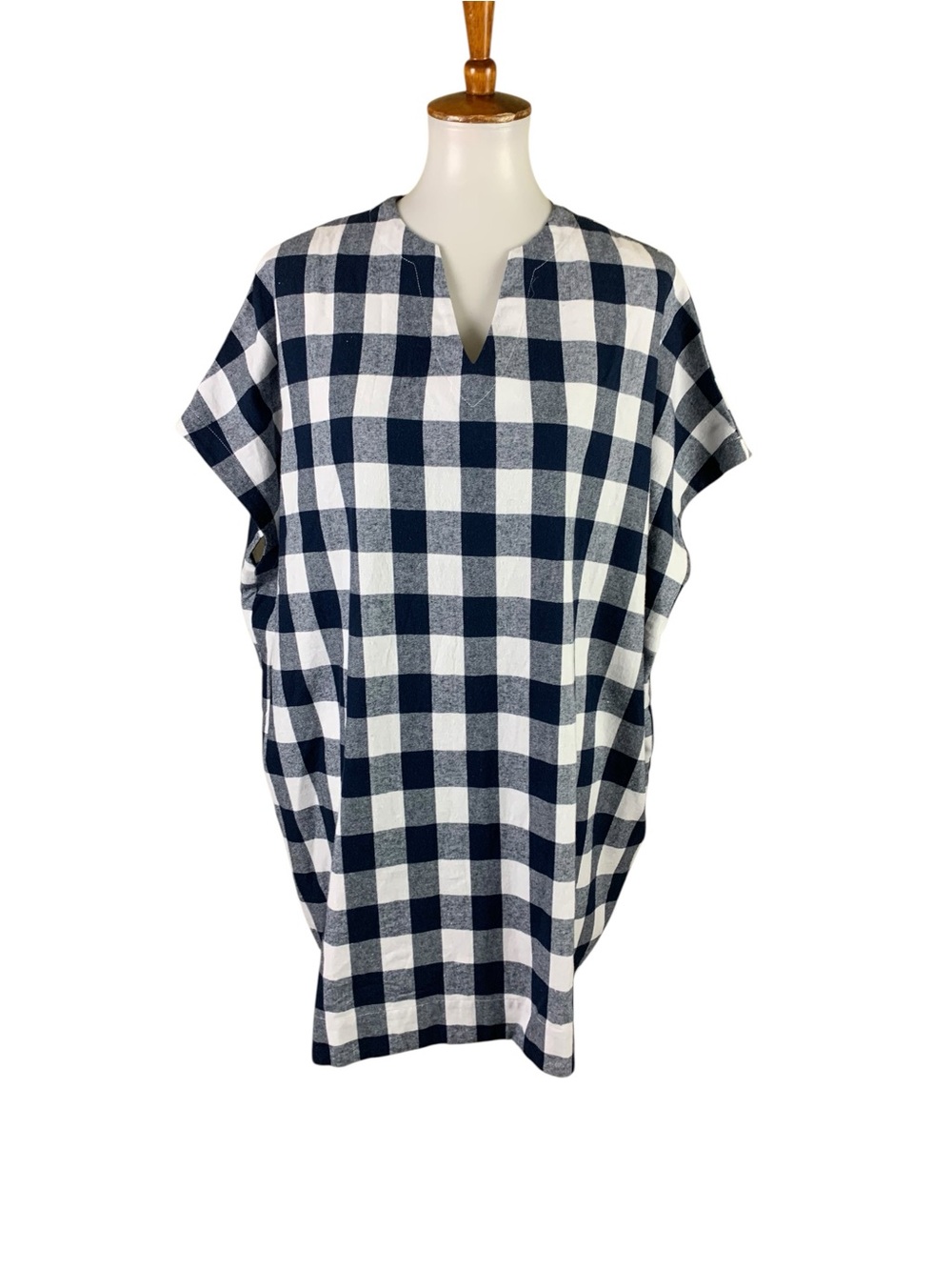 SBJ Austin Navy White Buffalo Plaid Oversized Caftan Dress OS Resort Boho